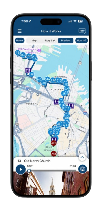 Action Tour Guide app showing GPS map tour with numbered stops and audio player for Old North Church